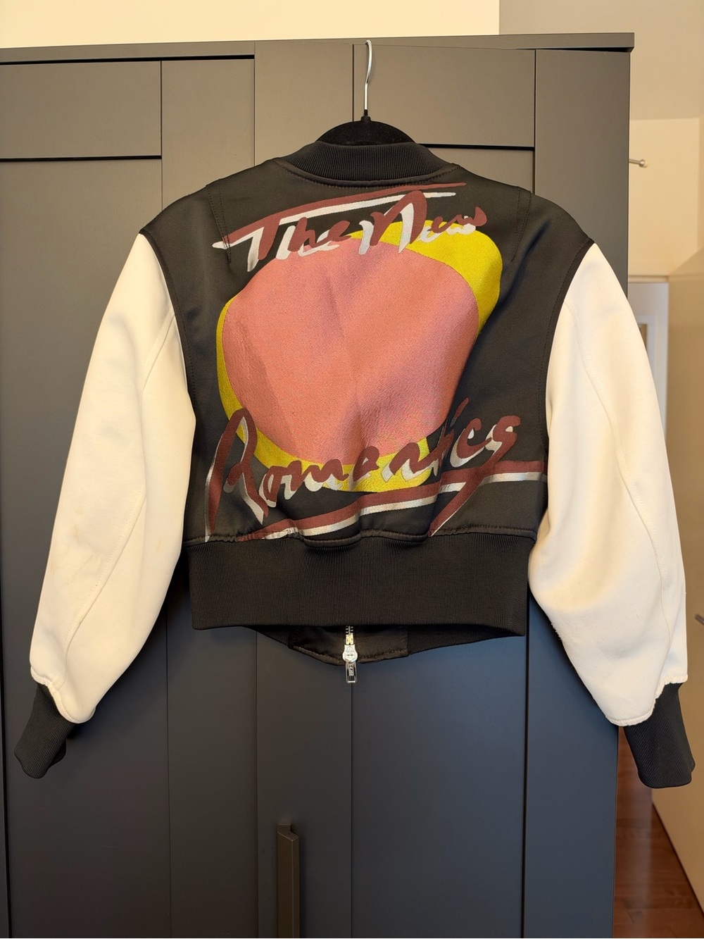 Phillip Lim Silk Cropped Black & White Bomber Jacket with Graphic Back